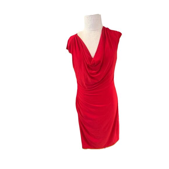 NWT Dressbarn Sheath Dress Womens Size 14 Red Sleeveless Cowl Neck Ruched Waist - Picture 1 of 9